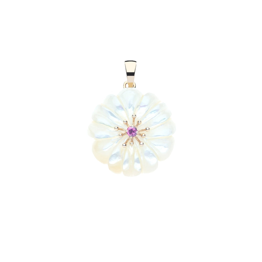 JOY Mother of Pearl Carved Daisy Pendant in Solid Gold