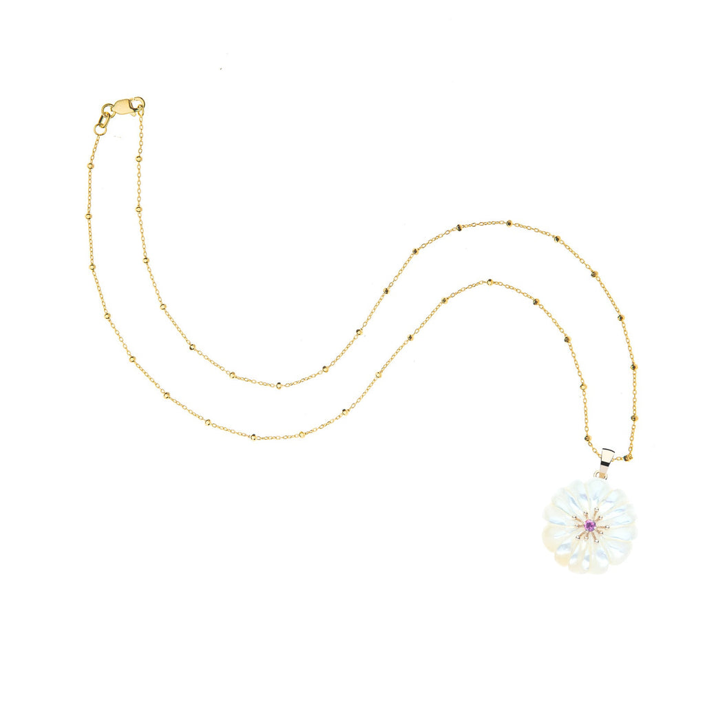 JOY Mother of Pearl Carved Daisy Pendant in Solid Gold