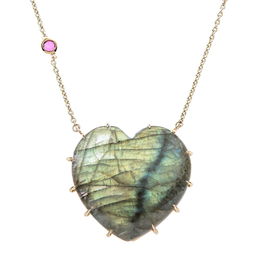 LOVE Spotlight Labradorite Carved Heart Necklace with Gold Setting