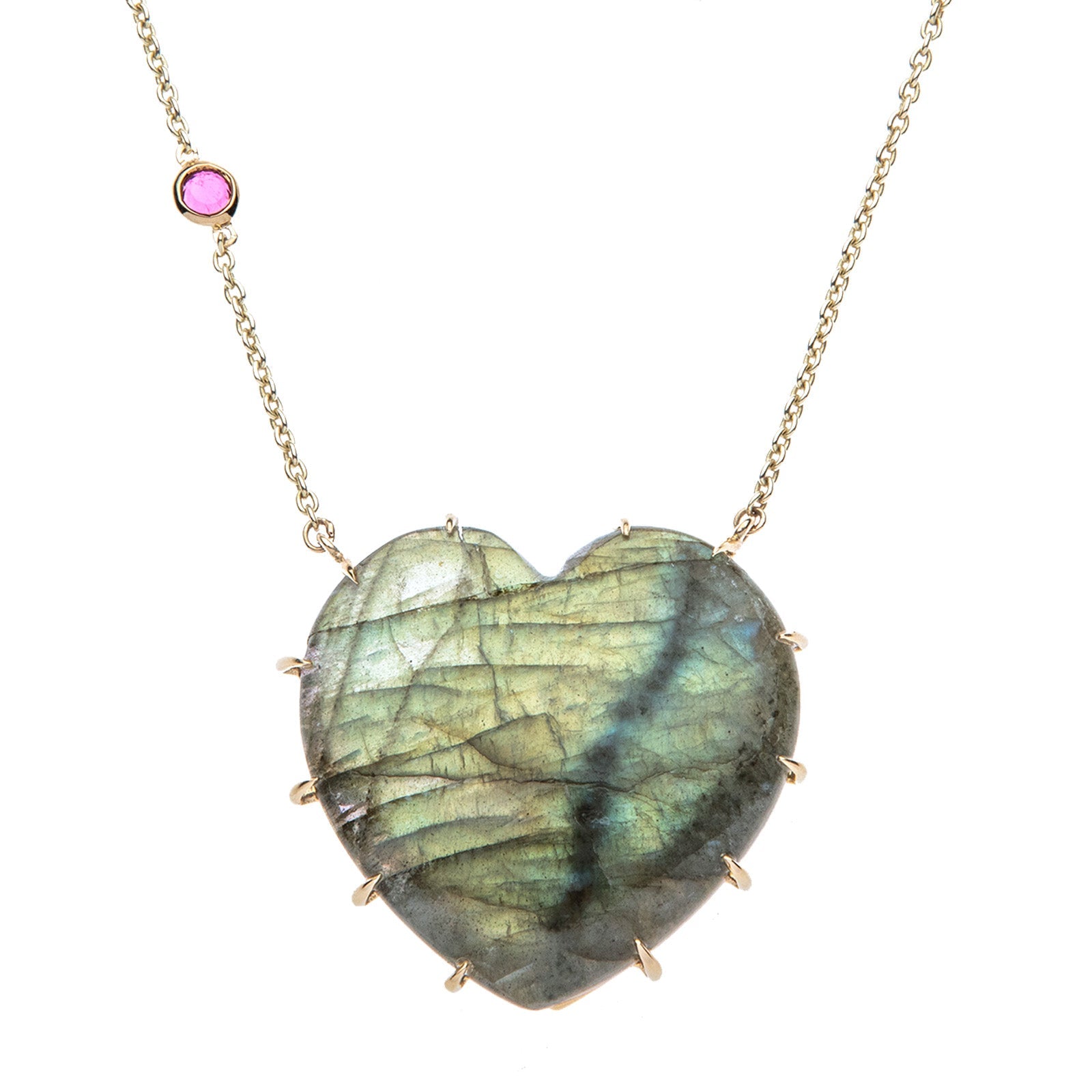 LOVE Spotlight Labradorite Carved Heart Necklace with Gold Setting