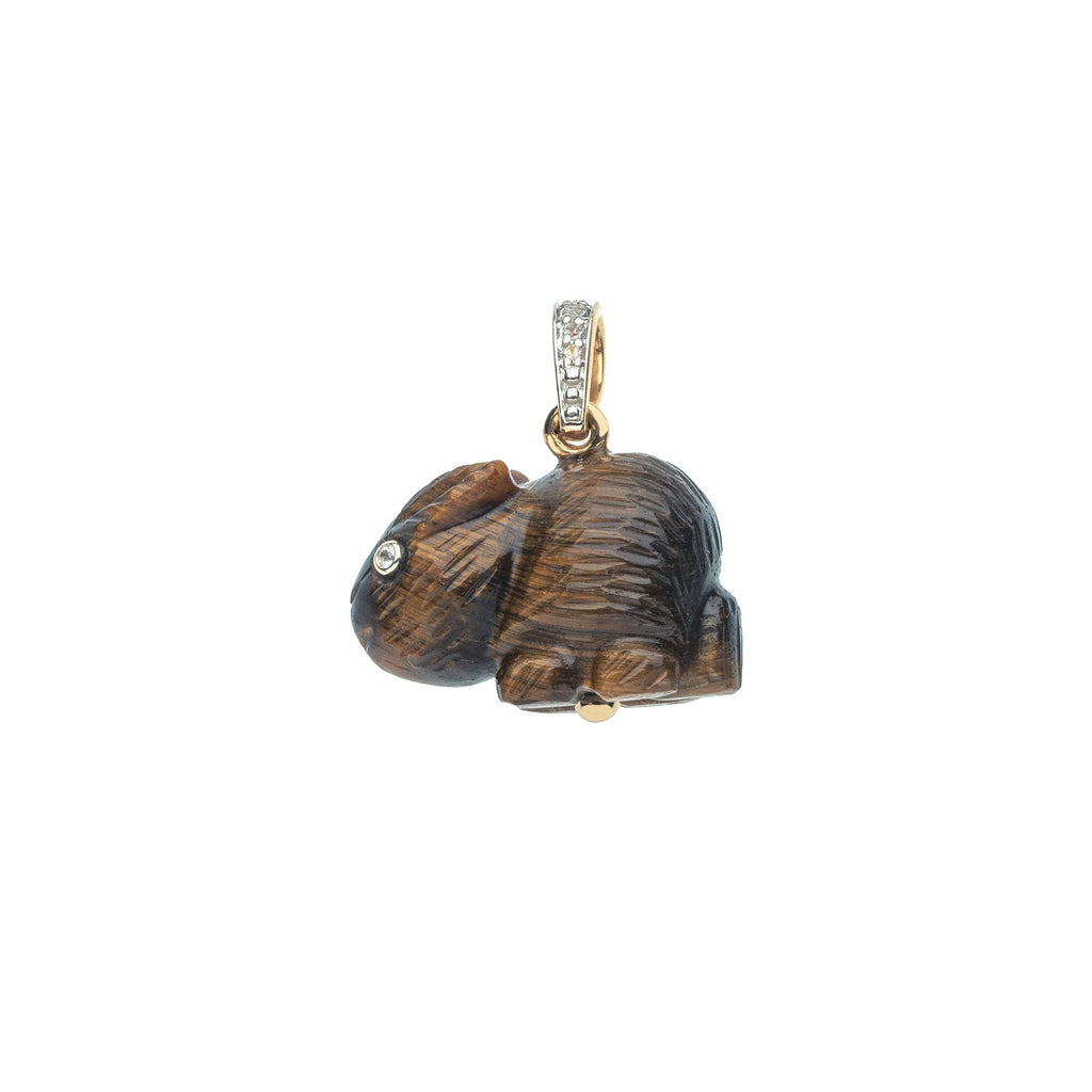 LUCKY Carved Tiger's Eye Rabbit Pendant in Solid Gold