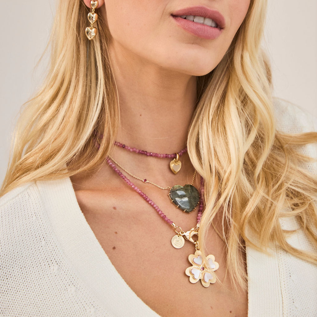 LOVE Spotlight Labradorite Carved Heart Necklace with Gold Setting
